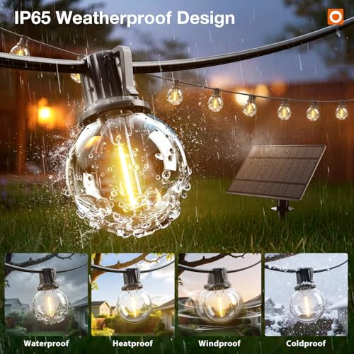 addlon 56FT(50+6) Solar String Lights Outdoor with 1FT Bulb Spacing, 50+2 Commercial G40 LED Bulbs, Solar & USB Charging, Remote, Timable, Dimmable Waterproof Patio Lights for Balcony, Porch, Yard - size: 50+6FT(50 Sockets)