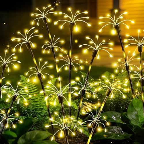 Solar Garden Lights Outdoor, 4 Pack 2-Layer Swaying Firework Lights, Waterproof Starburst Fairy Light Garden Decor for Yard Patio Pathway Lawn, Gardening Gifts for Women Mom Grandma Mother's Day - color: Warm White