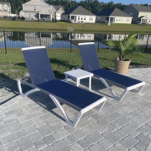 PURPLE LEAF Patio Chaise Lounge Chair Set of 3 Outside Aluminum Plastic Stackable Tanning Chairs for Pool Sunbathing Beach Deck Outdoor Lounger, Navy Blue - color: Navy Blue, style: 2 chairs + 1 table