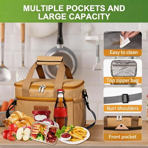 iknoe Insulated Lunch Bag, Foldable 8.5L Cooler Bag for Men & Women, Leakproof Thermal Design, Great for Office, Picnic, Travel, Lunch Box, Khaki - color: Khaki, size: Medium