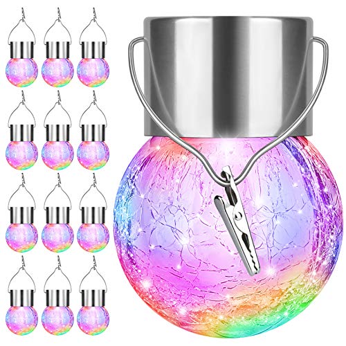 12Pack Outdoor Hanging Solar Lights - Cracked Glass Solar Lights Waterproof LED Decorative Ball Lights Tree Solar Powered Globe Lights with Hook for Garden Yard Fence Christmas Decoration, Multicolor - color: Multicolor