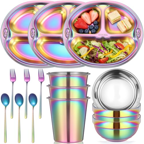 Tioncy 15 Pcs Stainless Steel Kids Dinner Set, 3 Bowls, 3 Balanced Bites Divided Plates, 3 Cups, 3 Spoons and 3 Forks, Stainless Steel Lunch Plates Dinnerware Set for Kids Toddlers(Monkey) - style: Monkey