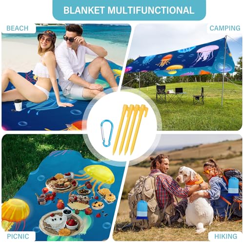 Beach Blanket Waterproof Sandproof 78''×81'' Large Suits 1-5 Adults Oversized Lightweight Picnic Mat Sand-Free Blanket for Camping Hiking Beach Travel - color: Jellyfish, size: 78''x81''
