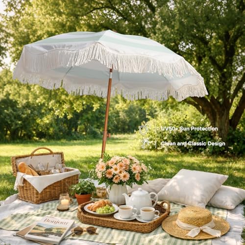 AMMSUN Boho Fringe Umbrella Outdoor Patio, 6.5ft UPF50+ Picnic Umbrella with Tassels with Steel Pole and Push Button Tilt, Vintage Green Stripe - color: Vintage Green Stripe