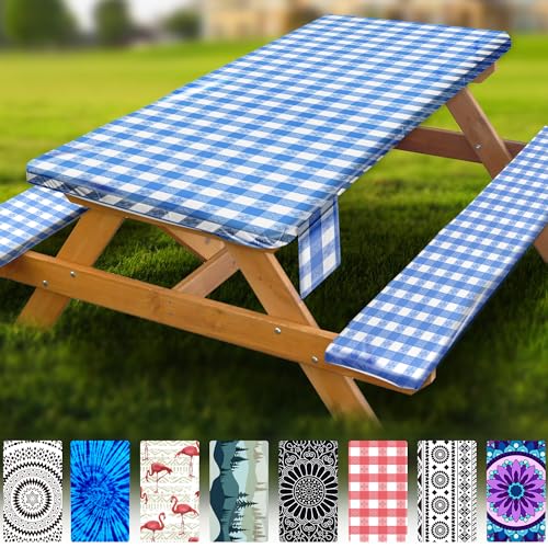 Fitted Picnic Table Cover with Bench Covers Waterproof Elastic Edges Rectangle Patio Tablecloth Outdoor Camping Essentials Stuff Rv Accessories Summer Trip Travel Supplies Party Camper Gifts, 8 ft - color: Blue Grid, size: 96in