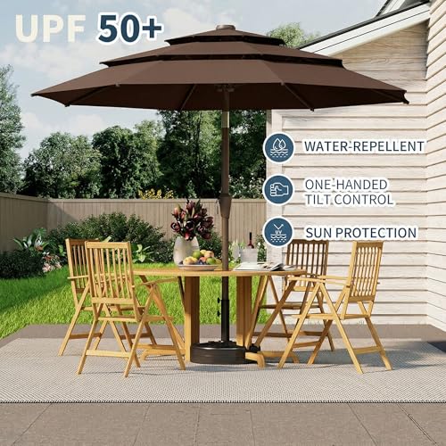 10FT Patio Umbrella 3 Tiers Outdoor Market Umbrella w/Push Button Tilt, Crank, UV and Waterproof Table Umbrella for Garden, Pool, Backyard, Deck, Lawn, Brown - color: Brown