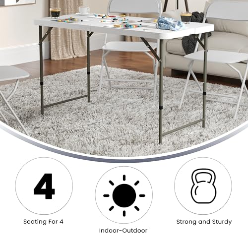 Flash Furniture 4' Rectangular Plastic Folding Event Table with Adjustable Legs and Carrying Handle, Bi-Fold Portable Banquet Table for Indoor/Outdoor Events, White