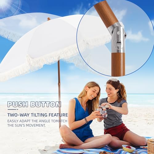 Aoxun 7ft Patio Umbrella with Fringe,Outdoor Beach Umbrella with Aluminum Pole, Ribs Push Button Tilt and Carry Bag, UV 50+ Picnic Tassel Umbrella (White) - color: Cream, size: 7.0 FT