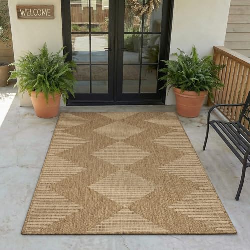 MontVoo-Polypropylene 3x5 ft Indoor Outdoor Entryway Rug Porch Rug Door Mats Rugs Small Accent, Textured Weave, Durable for High Traffic, Fade-Resistant, Non-Shedding, Boho Geometric Neutral Brown - color: Brown Beige, size: 3' x 5' (Rectangular)