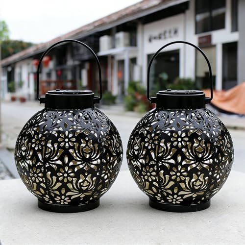 2 Pack Solar Lanterns Outdoor Gifts, IP44 Waterproof Hanging Solar Lights Decor Lamp for Garden, Patio, Pathway, Yard, Porch (Classic Black Flower) - color: Classic Black Flower