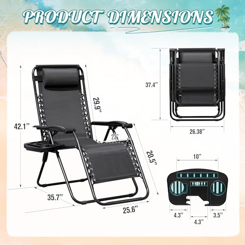 Homall Zero Gravity Chair Patio Folding Lawn Lounge Chairs Outdoor Lounge Gravity Chair Camp Reclining Chair with Pillows for Poolside Backyard and Beach Set of 2 (Dark Black) - color: Black, size: 2 PCS