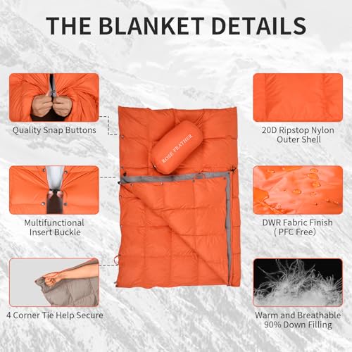 Down Camping Blanket - Lightweight, Packable, Warm & Puffy Outdoor Travel Quilt for Sleep, Hiking, Backpacking, Stadium, Festivals, Water-Resistant Sleeping Bag 55"x79" - color: Sunset Orange, size: 1LB 1.6OZ / 79" x 55"