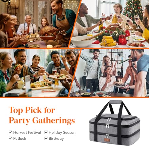 Lifewit Double Decker Casserole Carrier for Hot and Cold Food, Insulated Casserole Dish Carrier Carrying Case with Tool Room, Thermal Bag for Potluck Parties Cookouts Fits 9"×13" Baking Dish, Gray - color: Gray