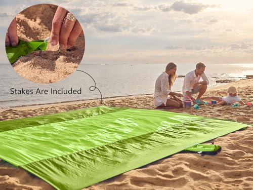 WEKAPO Beach Blanket Sandproof Waterproof, Extra Large Beach Mat, Oversized & Compact Sand Free, Quick Drying Beach Essentials for Vacation, Cruise, Picnic & Camping with Stakes - color: Green, size: 7x7 FT (1～3 person)