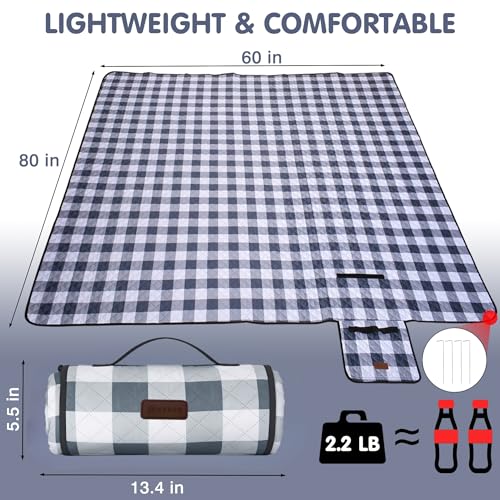 HX&OD Outdoor Picnic Blanket, Extra Large, 80''x60'' Waterproof Foldable Blankets Gingham Picnic Mat for Beach, Camping Grass Lawn Park Accessories Cute Couple Ideas Wedding (Gray, 80”x60”) - color: Grey, size: 5' x 6'8" (Square)