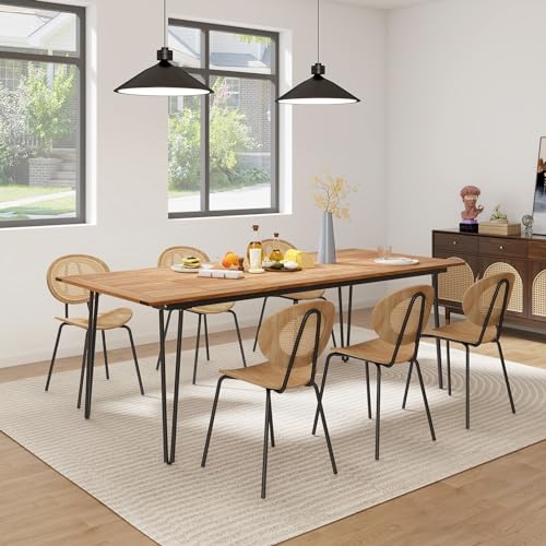 Tangkula 86.5" Large Patio Dining Table for 8, Acacia Wood 8-Person Dining Table with 2" Umbrella Hole & Metal Legs & Adjustable Foot Pads, Rectangular Outside Table for Garden, Poolside & Backyard - size: 86.5"