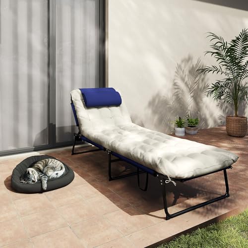 Outsunny Folding Chaise Lounge with 4-Level Reclining Back, Outdoor Tanning Chair with Cushion, Outdoor Lounge Chair with Breathable Mesh Fabric, Side Pocket, Headrest, Navy Blue - color: Navy Blue
