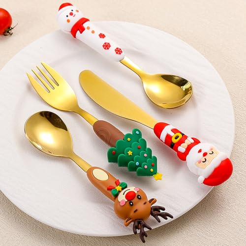Christmas Utensil Set | Reusable Portable Cutlery Set | Stainless Steel Knife Fork Spoons Gift Box | Includes Themed Utensils (Tree/Santa/Deer/Snowman) | Ideal Christmas Gift - color: Christmas Design-Gold