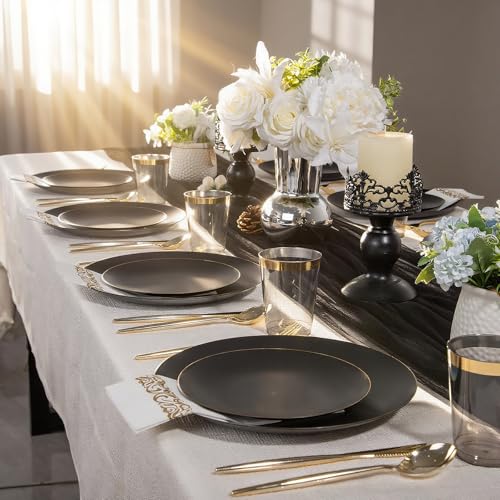 EI 350Pcs Black and Gold Matte Frosted Plastic Plates Disposable Heavy Duty,Dinnerware Set for Party Include 100 Disposable Plates,150 Silverware,50 Napkins,50 Cups for Party/Wedding/Events,Hotel - color: Black and Gold Plastic Plates Dinnerware