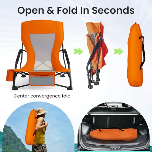 Portable Folding Beach Chair for Adults - Lightweight Low Back Sling Chair with Cup Holder & Storage Pocket, 300lbs Capacity Camping Chair for Outdoor, Lawn (Bright Orange, 4 pcs) - color: Bright Orange, size: 4 pcs