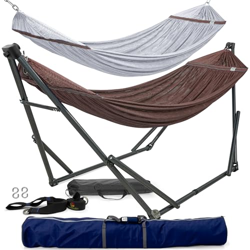 Tranquillo Combo x2 Hammocks with Stand for Outside & Tree Straps, Heavy Duty Hammock with Stand 600lbs for Indoor Outdoor Patio Backyard, x2 Hammocks for 2 Person (Combo - Brown, Medium) - color: Combo - Brown