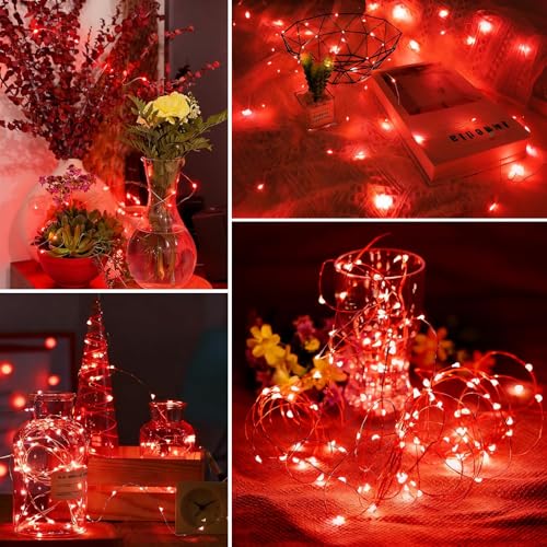 YEGUO 4 Pack Red Solar Fairy Lights, Each 33ft 100 LED Valentines Lights Outdoor Waterproof, 8 Modes Sliver Wire Solar Christmas String Lights - color: Red
