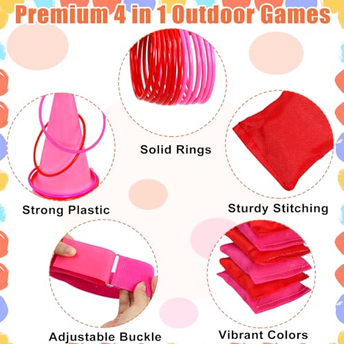 33Pcs Large 4 in 1 Valentines Day Games for Kids with Ring Toss, Plastic Cones, Bean Bags, 3-Legged Race Bands, Carnival Valentine's Games Activity Combo Set for Classroom Indoor Outdoor Party Yard - color: Valentine's Pink-Large