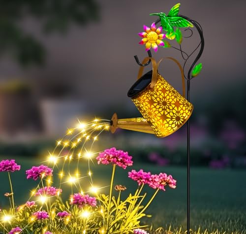 Solar Metal Watering Can with Hummingbird Shepherd Hook and Cascading Lights, Outdoor Solar Lantern for Garden, Yard, Patio Decor and Gardening Gifts for Women Mother's Day - color: Hummingbird, size: 1 Pack