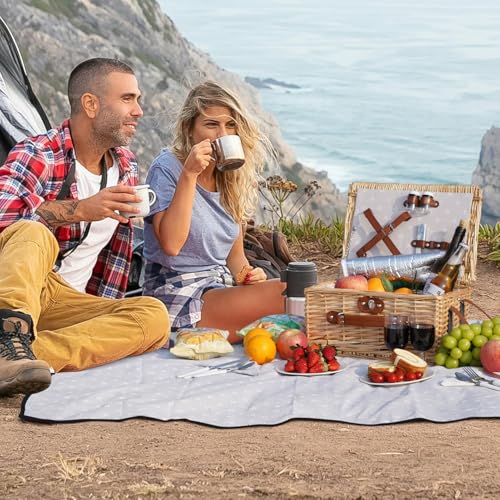 HappyPicnic Picnic Basket Set for 2 - Wicker Picnic Basket with Waterproof Blanket & Insulated Liner, Large Handmade Willow Hamper with Cutlery Kit for Outdoor, Picnic, Camping, Holidays (Flower) - color: White Flower