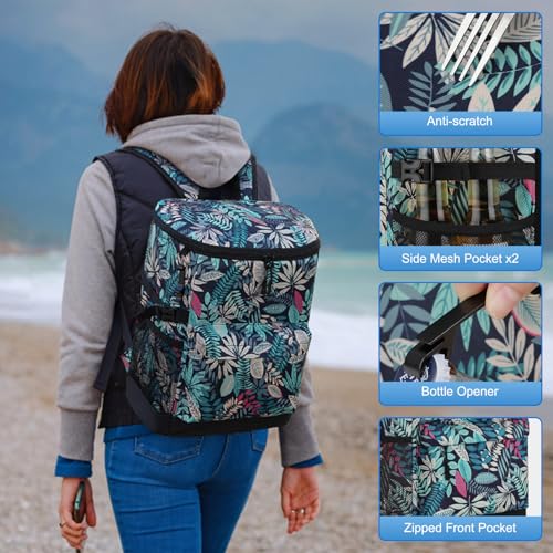 Tenot Cooler Backpack 33/40 Cans Backpack Coolers Insulated Leak Proof Soft Beach Cooler Bag for Men Women Ice Chest Backpack Camping Hiking Picnic Travel Cooler Lunch Backpack - color: Blue Leaves, size: 33 Cans