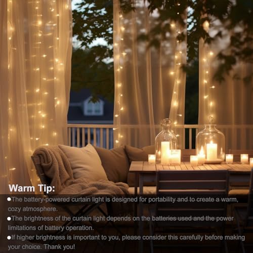 echosari 300 LED Curtain Lights Battery Operated, 9.8ft×9.8ft Hanging Light with Remote Timer Fairy Curtain Lights for Bedroom Patio Wedding Backdrop Party Decór (Warm White) - color: Warm White, size: 9.8ft X 9.8ft