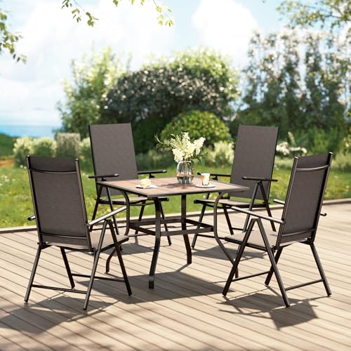 PHI VILLA Outdoor Patio Dining Set for 4, Patio Table and Chairs Set with Folding Patio Chairs & Square Wood Like Top Table for Garden, Deck and Lawn, Black - color: Black, size: 5 Piece Square