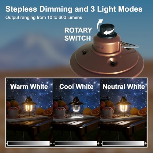 LED Camping Lantern Rechargeable Dimmable, Portable Vintage Outdoor Lantern 2700-6500K Waterproof, Hanging Retro Lamp Indoor Outdoor for Garden, Hiking, Emergency, Copper - size: Copper