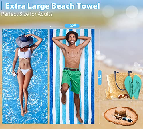 2 Pack Lightweight Thin Beach Towel Oversized 71"x32" Big Extra Large Microfiber Sand Free Towels for Adult Quick Dry Travel Camping Beach Accessories Vacation Essential Gift Blue Shell Stripe - color: 2 Pack Blue Shell Stripes