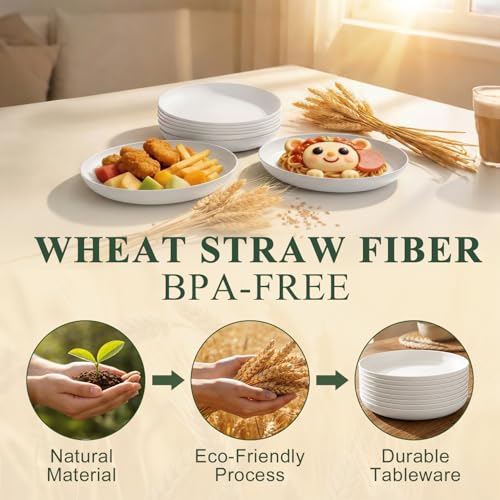 Wheat Straw Plate 8 Inch, Reusable Plastic Plates Set for 8, Unbreakable Small Plate for Salad, Dessert, Cake, Microwavable Plates for Kitchen, Party, Camping, RV - White - color: White, size: 8 Inch