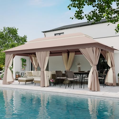 LAUSAINT HOME 10'x20' Outdoor Gazebo, Metal Frame Heavy Duty Patio Canopy Tent Shelter with Double Roofs, Mosquito Nettings and Privacy Screens for Backyard, Garden, Lawn, Khaki - color: Khaki, size: 10'x20'