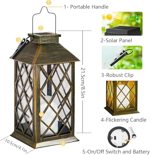 Solar Lanterns Outdoor Waterproof, 2 Pack 9" Glass Hanging Solar Lights with Flickering Flameless Candle, Outdoor Lanterns for Patio Wall Porch Table Garden Yard, Gift for Women Mom - Bronze - size: Bronze 9"