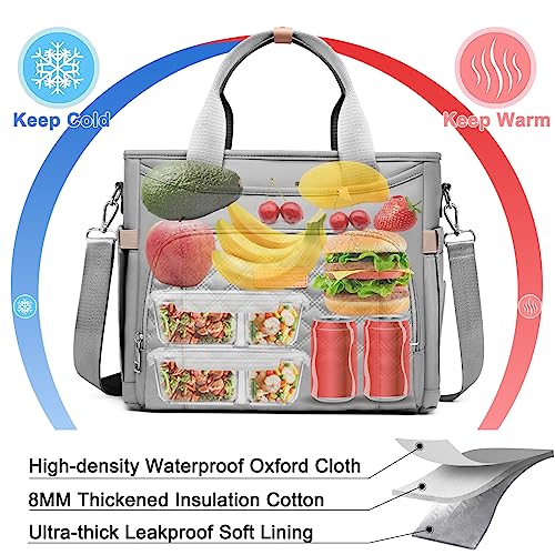 AIJIEKE Extra Large Lunch Bag for Women & Men, Insulated Leakproof Lunch Box for Work, Reusable Adult Lunch Tote with Shoulder Strap, Multi-Pocket Cooler Bag for Office, Picnic, Beach, Grey - color: Gray
