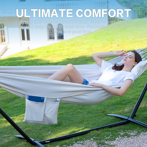PNAEUT Double Hammocks with Stand for Outside, Portable Space Saving Heavy-Duty Steel Stand for Indoor Outdoor Patio with Carrying Bag, 450 lbs Capacity (Beige) - color: Beige