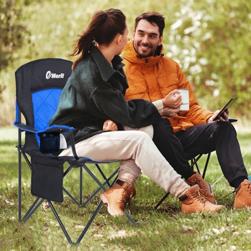 EMERIT 2 Pack Oversized Padded Camping Chair, 350LB Heavy Duty Quad Fold Chair with Arms, Collapsible Outdoor Chairs with Lumbar Back & Cup Holder - color: Blue（twin Pack)