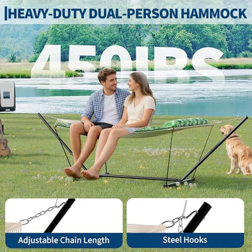 Garvee Double Hammock with Stand for Outdoor, Portable Hammock with Soft Pillow, Balance Ropes, for Patio, Garden, Backyard, Beach - color: Green With Leaves Pattern