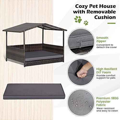 Tangkula Wicker Dog House, Indoor Outdoor Raised Rattan Dog Bed w/Removable Cushion, Washable Cover, Weatherproof Roof, Rattan Puppy Shelter w/Elevated Floor for Small Medium Dogs (Grey) - style: Grey