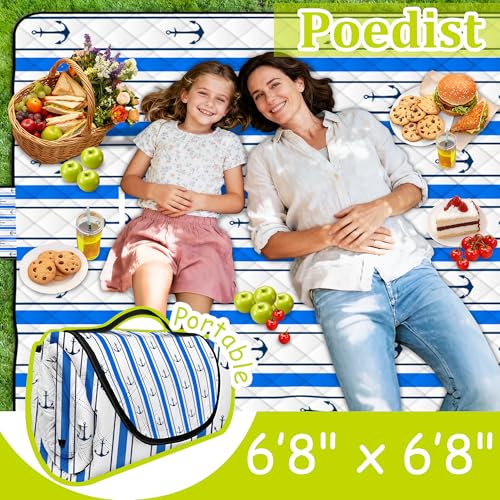 Poedist Extra Large Picnic Blanket Waterproof,80"x 80"Foldable Machine Washable Beach Blanket,Outdoor Blanket for 6-8 Adults,Suitable for Indoor Crawling,Park Beach,Camping,Hiking,Family Travel(Blue) - color: Blue Boat, size: 6'8" x 6'8" (Square)