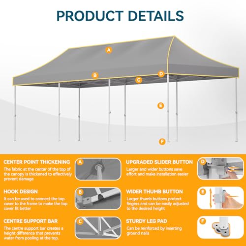 Hoteel 10x30 Pop Up Canopy Tent Heavy Duty Without Sidewalls, Waterproof Party Tent, Easy Set-up Commercial Instant Tents with Roller Bag & Sandbags, Hexagonal Leg (1-Year Warranty) - color: Gray, size: 10×30 （No Walls）