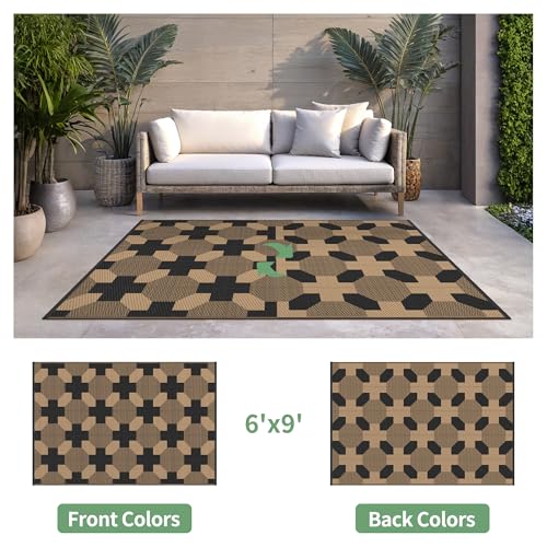 GENIMO Outdoor Rug for Patio Clearance, 6'x9' Reversible Geometric Plastic Straw Rugs, Lightweight Waterproof RV Camping Mat for Camper, Balcony, Deck, Backyard, Picnic, Black Brown - color: Black&brown-y, size: 6' x 9' (Rectangular)