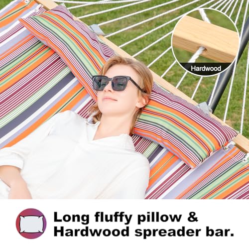 GAFETE Hammock 2 Person Quilted Fabric Hammocks for Outside, Double 12ft Hammocks with Spreader Bar, Large Removable Pillow, Storage Bag, Carabiners, Max 475 lbs Capacity (Sunset Red Stripe) - color: Sunset Red Stripe