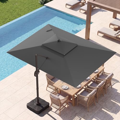 10x13 FT Patio Umbrella with Base, Large Cantilever Rectangular Double Top Heavy Duty Offset Umbrellas with 361° Rotation, Outdoor shade for Garden Deck Pool Patio, Gray - color: Gray, size: 10x13 FT with Base