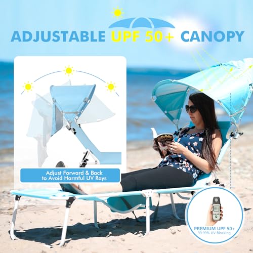Wheel-To-Go Tanning Chair with Wheels Sun Canopy Umbrella Face Hole Thicker Washable Adjustable, Heavy Duty Folding Lay Flat Sun Lounge Chair Beach Outside Sunbathing Reading, UPF 50+ (Patent Design) - color: Light Blue, style: Standard Size + Sun Canopy