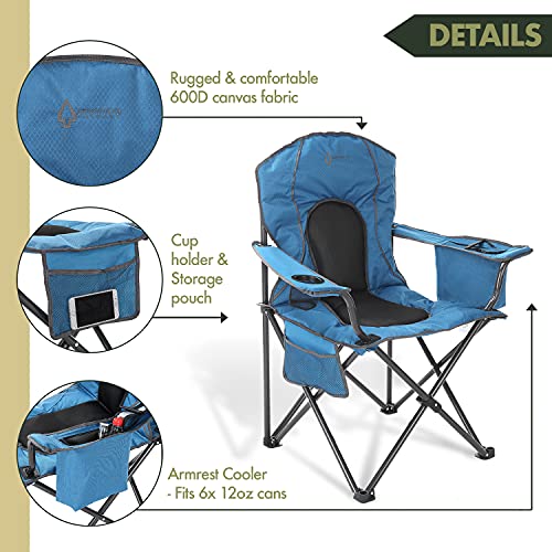 Arrowhead Outdoor Portable Folding Camping Quad Chair w/ 4-Can Cooler, Cup-Holder, Heavy-Duty Carrying Bag w/Easy Carry Shoulder Strap, Padded Armrests, Supports up to 330lbs, USA-Based Support - color: Blue