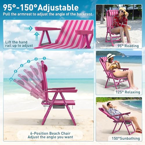 Suteck Backpack Beach Chair, 6-Positions Beach Chairs for Adults with Cooler Bag, Reclining Beach Chair with Cup Holder Folding Camping Chair for Sand Outdoor - color: Striped Pink